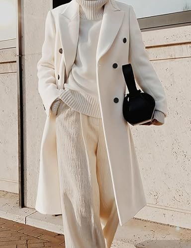 Kinghua White Long Coat Women Wool Blazer Jacket Fall Winter Outfits Dress Trench Coat Pea Coats, White, S