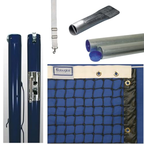 Douglas Premier XS Tennis Posts – Permanent Court Kit – 2 7/8” OD Round, Internal Wind w/Plated Gears, Blue – Optional Ground Sleeves