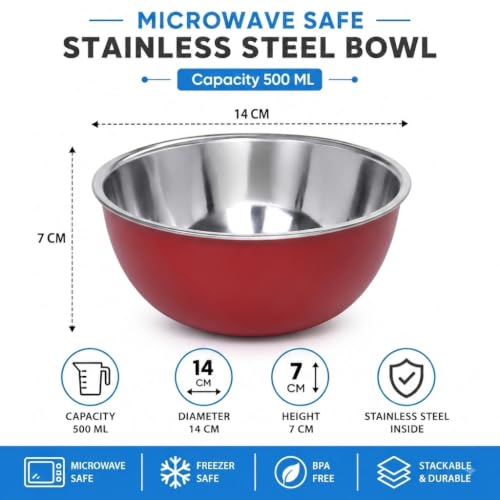 Image of Zaib Stainless Steel Microwave Safe Serving Bowl 500 ml, 14 cm with Snap Fit Lid, Snack, Soup & Dessert, Red, 14 cm - 4 Pcs - with Lid