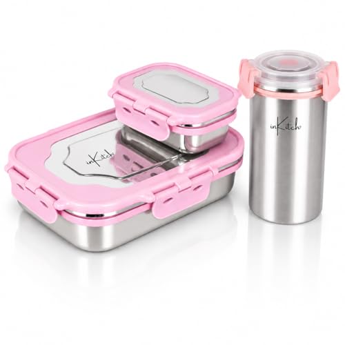 Image of Insulated Stainless Steel Lunch Box Combo Set 800ml with Airtight Leak-Proof Clip Lock Lid, Durable (Pink Tiffin with Bottle)