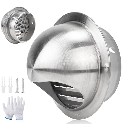 乾燥機用 丸型排気口カバー ステンレス製 防水ルーバーフード付き 昆虫ネット搭載 室内外壁換気グリル キッチン HVAC対応(60mm/2.3")