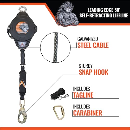 Image of Malta Dynamics Edgehog Self Retracting Lifeline - 50' Leading Edge Fall Protection Yoyo Cable, Class 2 Retractable Lanyard with Quick-Action Brake, OSHA and ANSI Compliant Safety Lanyard