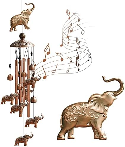 Elephant Wind Chimes, SUKESIAI Brass Memorial Wind Chime with Round Aluminum Tubes, Bells, Elephants and S Hook for Indoor and Outdoor, Garden Windchimes Retro Patio Decorations Gifts for Men Women