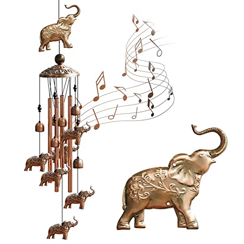 Elephant Wind Chimes, Sukesiai Brass Memorial Wind Chime With Round Aluminum Tubes, Bells, Elephants And S Hook For Indoor And Outdoor, Garden Windchimes Retro Patio Decorations Gifts For Men Women #TOP25