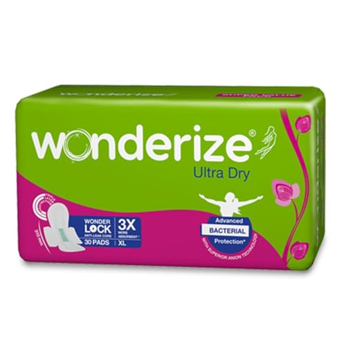 Image of Wonderize Ultra Dry Sanitary Pads for Women (310mm XL, 30 Pads) | Anti Bacterial | Soft Cotton Side Edges | Super Absorbent | Leak Proof for Heavy Flow | Disposable Wrapper