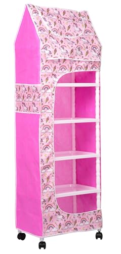 Image of HYSEYY Baby Wardrobe Plastic Kids Storage Rack with Fabric Cover & Wheels | 6-Tier Plastic Shelves Organizer | Toy, Book & Clothes Storage Cabinet for Kids Room (Unicorn Pattern)