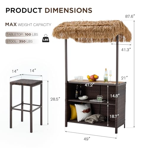 Homrest Outdoor Tiki Bar Set, 3 Pieces Wicker Patio Bar Set W/2 Height Stools thumb #4