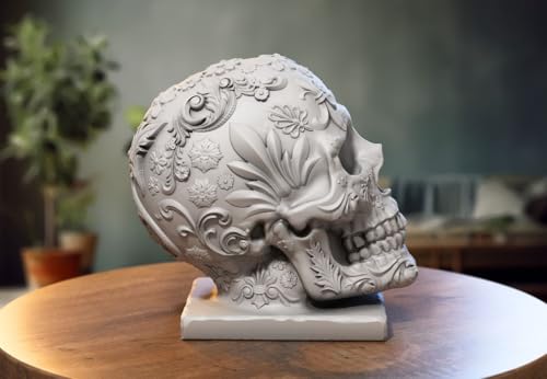 Image of Skull Headphone Stand Collection - 3D Printed Dragon, Cyborg & Scream Skull Headset Holders, Gothic & Fantasy Desk Accessories for Gaming and Office Setups, Durable PLA Display Stands (Marble Grey, Cyborg Skull Headphone Stand)