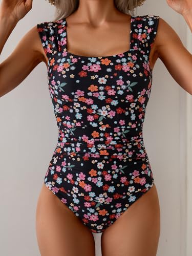 Image of B2prity Womens One Piece Swimsuit Retro Square Neck Tummy Control Bathing Suits Ruched Modest Full Coverage Swimwear