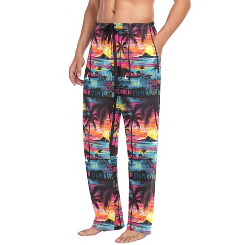 Men's Tropical Palm Trees Pajama Pants with Pockets - Straight Fit Cotton Sleep Bottoms for Lounge & Nightwear#9944