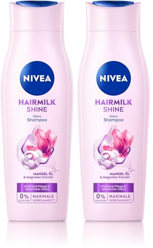NIVEA Hairmilk Shine Glanz Shampoo (250 ml), Pflegeshampoo ohne Silikone* für trockene Haare mit Mandelöl & Magnolien-Extrakt, Haarshampoo pflegt und regeneriert intensiv (Packung mit 2)