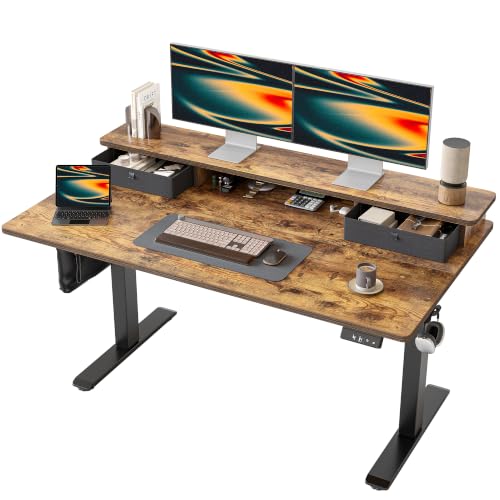 Image of TIQLAB 55 * 28 inch Standing Desk with Two Drawers&Top Shelf, Rustic Brown | Smooth Height Adjustment, 2 Memory Presets, One-Touch Control, Stable Steel Frame, 176 lbs Capacity, Easy Assembly