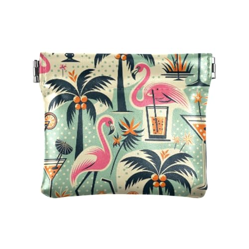Tropical Trees Flamingos Drinks Coin Purse Leather Pouch Change Purse, Squeeze Coin Pouch for Cards, Keys & Lipsticks, Unisex