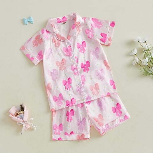 ZAXARRA Kid Girl Summer Pajamas Set Bow Print Lapel Short Sleeve Button Down Tops with Shorts Satin Sleepwear3