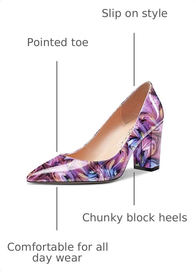Image of Aachcol Women Pumps Pointed Toe Slip on Mid Heel Dress Office Chunky Block Heels Shoes 3 Inches