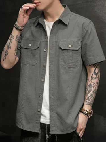Image of SMOWKLY Men's Casual Solid Printed Cotton Regular Fit Shirt || Half Sleeve, Button Down, Double Front Pocket || Denim Jacket Style Fashionable Western Outfit