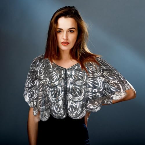 1920s Women’s Shawl Wraps Sequin Beaded Bridal Shawls Flapper Art Mesh Evening Cape Vintage Wedding Fringed Shawl Wrap (Black Blue)4