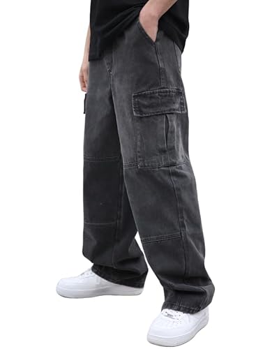 LOGEQI Mens Baggy Cargo Jeans Wide Leg Hip Hop Jeans Streetwear Loose Fit Denim Pants