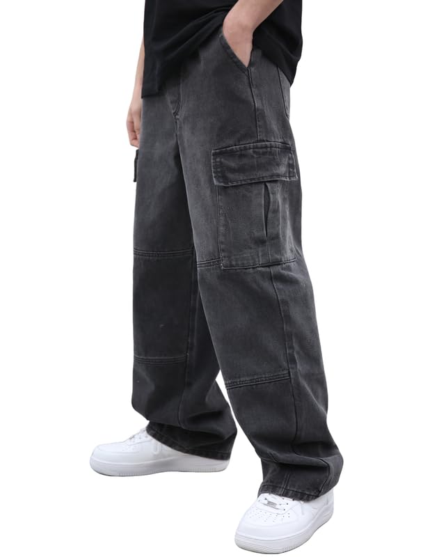 Mens Baggy Cargo Jeans Wide Leg Hip Hop Jeans Streetwear Loose Fit Denim Pants