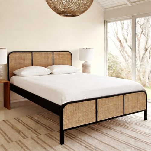 Image of Perk Rattan King Size Bed for Bedroom | Non Storage Cot for Hotel Room | Mango Wood, Black Matt Finish | Mattress Size - 72 x 78 in | Assembly- DIY