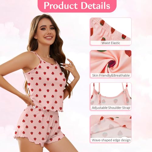 American Trends Cute Pajamas for Women Strawberry Print Cami Top and Shorts Pj Set Two Piece Pajama Set Sleepwear Sleep Set4