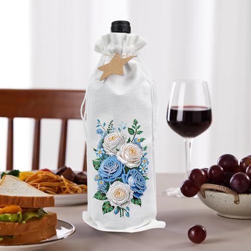 Image of DIY 5D Diamond Painting Gift Wrap, Special Shaped Diamond Art Linen Cover for Champagne Bottles, Party Supplies for Christmas Wedding Birthday Holiday (Blue White Rose)