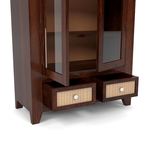 Image of Solid Sheesham Wood Book Cabinet with Acrylic Glass Doors | Rosewood Display Storage Unit with Shelves & Drawers for Home & Office | Louge (B-Walnut)