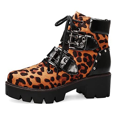 MIOKE Women's Fashion Lace Up Dressy Ankle Boots Waterproof Chunky Platform Mid Heel Combat Short Booties