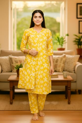 Image of Vlazom Women's 3-Piece Cotton Cord Set with Matching Bag | Floral Printed Co-Ord Set with Kurta Top & Pants | Ethnic Cotton Coord for Women