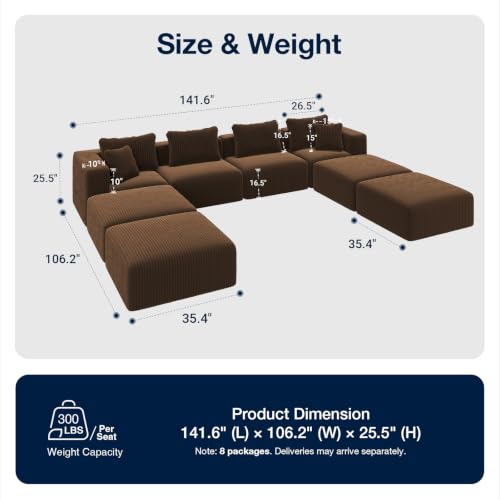 Image of Avenco 141-inch U-Shaped Modular Sectional Couch Sofa with 4 Ottomans