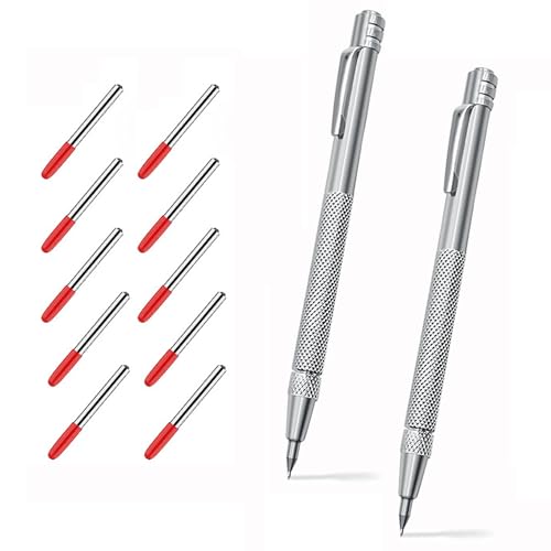 Bamyli 2 Stück Anreißwerkzeug Anreißnadel Reißnadel Wolframcarbid Stift, Anreißnadel Hartmetall mit Magnet für Glas/Metallblech Reißnadel Diamant für Keramik mit 10 Ersatz Red Hat Markierspitzen