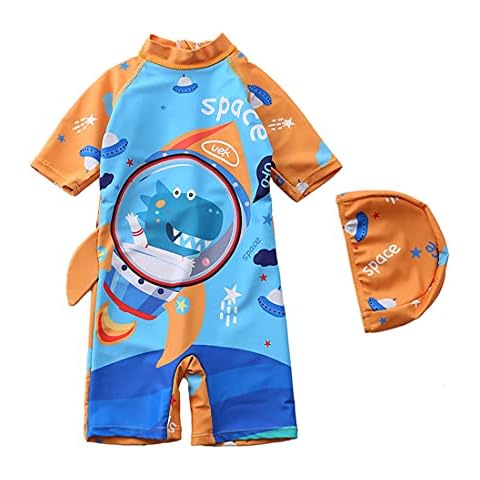 Delanhon Baby Toddler Boys Girls One Piece Swimsuit Set Swimwear Dinosur Shark Space 3D Print Bathing Suit Rash Guards Sunsuit with Hat (Space 2, 120) Cover