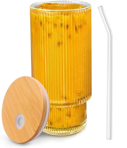 Image of 400ml Glass Sipper Mug with Leather Grip Sleeve - Leak-Proof Lid & Straw | Reusable Tumbler for Hot & Cold Beverages, Water, Juice, Coffee | Home, Bar, Office Use (Ribbed Mug)