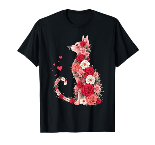 Cute Floral Cat T-Shirt for Cat Lovers and Valentines