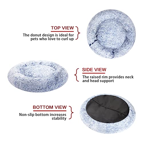 Image of Bedfolks Calming Donut Dog Bed, 23 Inches Round Fluffy Dog Beds for Small Dogs, Machine Washable Anti-Anxiety Plush Puppy Bed(Navy Blue, Small)