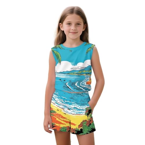ZFRXIGN Girls Summer Clothes 5-14 Years Tropical Outfit 2 Piece Going out Set Sleeveless Tank Top for Casual Wear