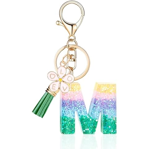 OKAICEN Pink Flower Pendant Letter 'M' Initial Keychain Color Alphabet Keychain,Green Tassel Key Ring for Women Girls Purse Handbags Cover