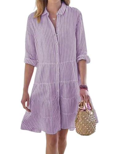 Image of utcoco Womens Striped Button Down Midi Shirt Dress Casual Loose Cuffed Long Sleeve Mid Long Dresses