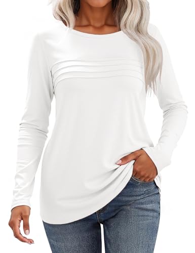 Gyabnw Camiseta Manga Larga Mujer con Cuello Redondo Basicas T-Shirt Plisada Tops Mujer Elegantes Casual Ropa Blusas Color Sólido