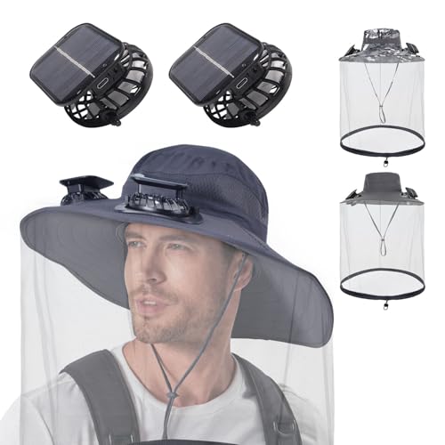 Sombrero con red para mosquitos con ventilador solar incorporado y ala ancha ajustable para hombre y mujer miniatura 1