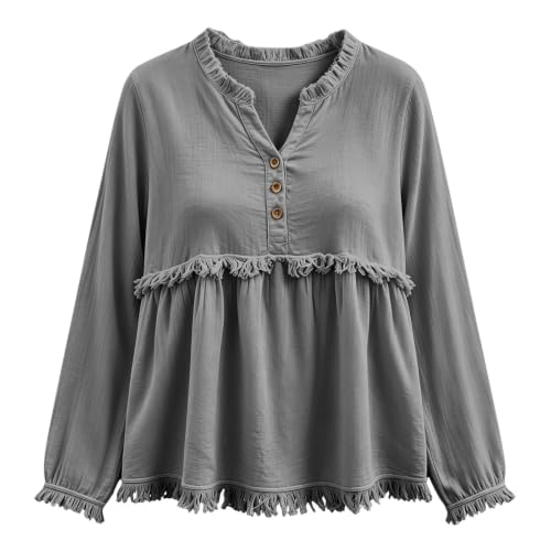 Western Tops for Women Fringe Trim Split Neck Henley Long Sleeve Blouse Relaxed Fit Boho Casual Fall Peasant Shirt Flowy Tops for Women Summer Gray S - image 5