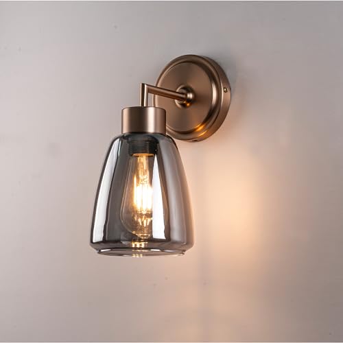 Image of Smoked Gray Glass Wall Light Dia 6 inch Wall Lamp with Glass Shade Vintage Vanity Lighting Fixture with Metal Base Flush Mount Wall Sconce 1-Light for Bathroom, Bedroom, Bedside, Entryway