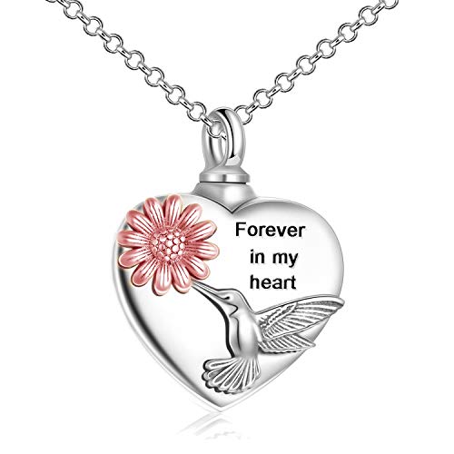 YFN Heart Urn Necklaces for Ashes Sterling Silver Hummingbird Sunflower Butterfly Daisy  Heart Elephant Urn Necklace Cremation Memory Jewelry for Women Men