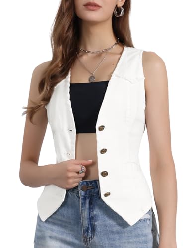 Gilet en jean pour femme veste sans manches blanc col v délavé XS