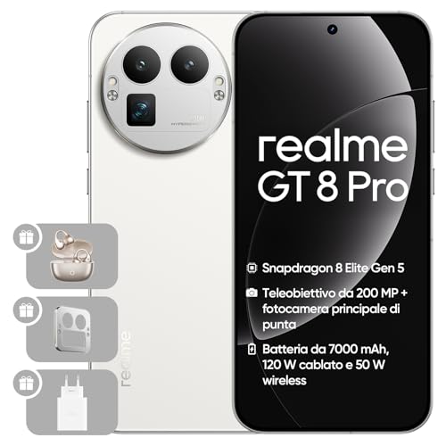 realme GT 8 Pro Smartphone 12GB+256GB, Sistema della fotocamera RICOH GR, Nitidezza ultra da 200 MP Fotocamera del telefono, Snapdragon 8 Elite Gen 5, Batteria da 7.000 mAh, Bianco(con adattatore)