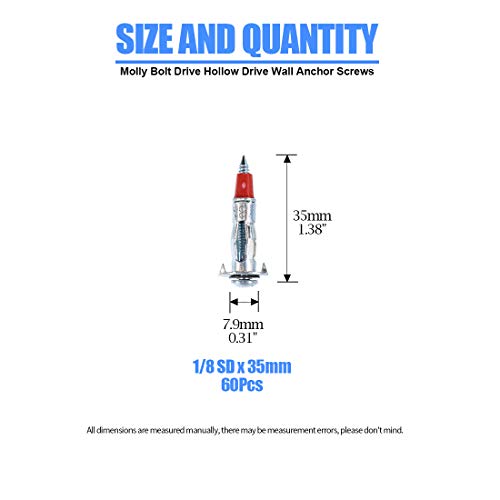 Glarks 60Pcs Heavy Duty 1/8 Inch 35Mm Zinc Plated Steel Molly Bolt Drive Hollow Drive Wall Anchor Screws Set (1/8Sdx35Mm) #TOP1