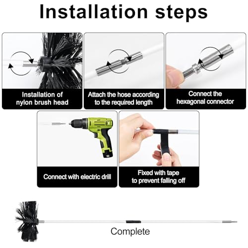 14PCS Kaminbürste Stange Set,9 Ofenrohrbürste Nylon 41 cm, 2 Schornsteinfeger Bürste 150cm,2 Sechseckige Pole,1 Roll Schwarzes Band,Verwendbar mit Akkuschrauber,Kaminbesen für Kamin, Rohre,Trockner