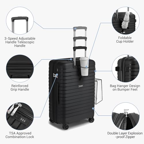 Kono 20 Inch Expandable Carry On Luggage with Spinner Wheels, Durable Hardside Luggage with Hidden Cup Holder, Lightweight Hard Shell Carry On Suitcase Airline Approved with TSA Lock(Black)4
