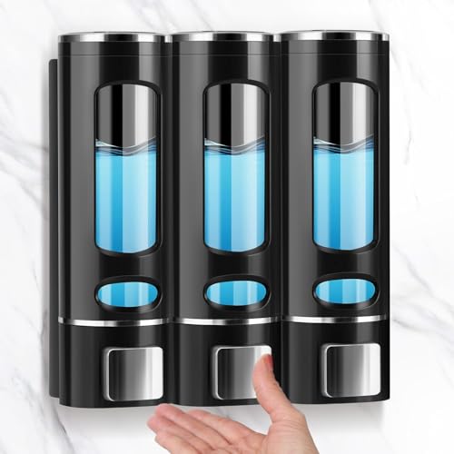 Dispensador de jabón de pared, juego de 3 unidades, 400 ml, dispensador de jabón para pared, color negro, sin perforación, dispensador de detergente para lavabo, dispensador de gel de ducha, champú