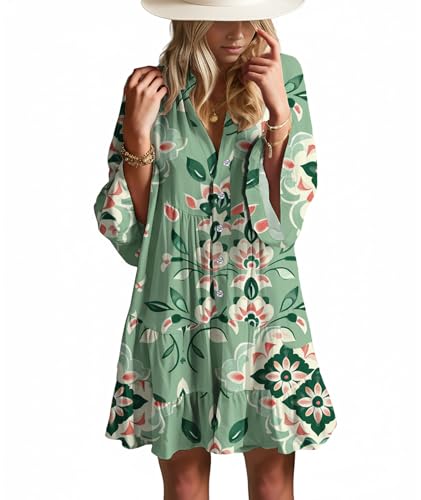 Image of Summer Dresses for Women 2026 Flowy Ruffle 3 /4 Sleeve V Neck Tiered Casual Babydoll Boho Beach Mini Dress